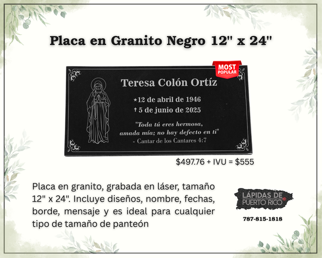 Lápida Grabada en Granito 12”x24” - Nuestra Más Vendida