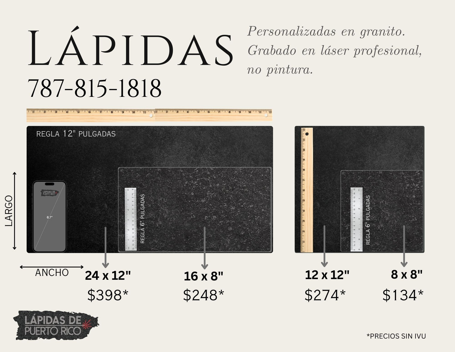 Lápida Grabada en Granito Mediana 16" x 8”